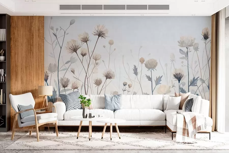 fotószőnyeg Vadon termő fűfélék és virágok, festői stílusban ábrázolva világos háttér előtt w05563