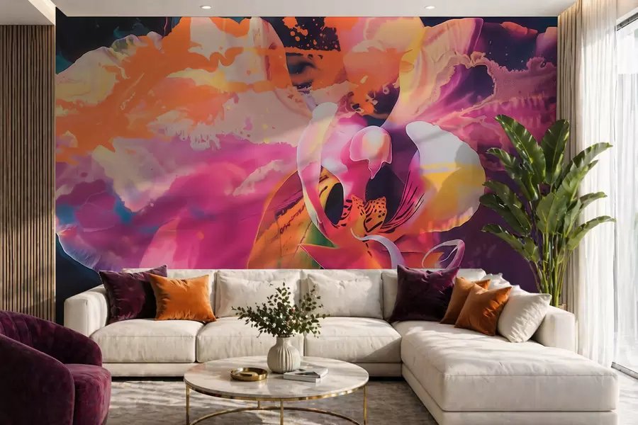 fotószőnyeg Egy élénk, absztrakt orchideavirág, gazdag színekkel és dinamikus formákkal, akvarell stílusban w09855