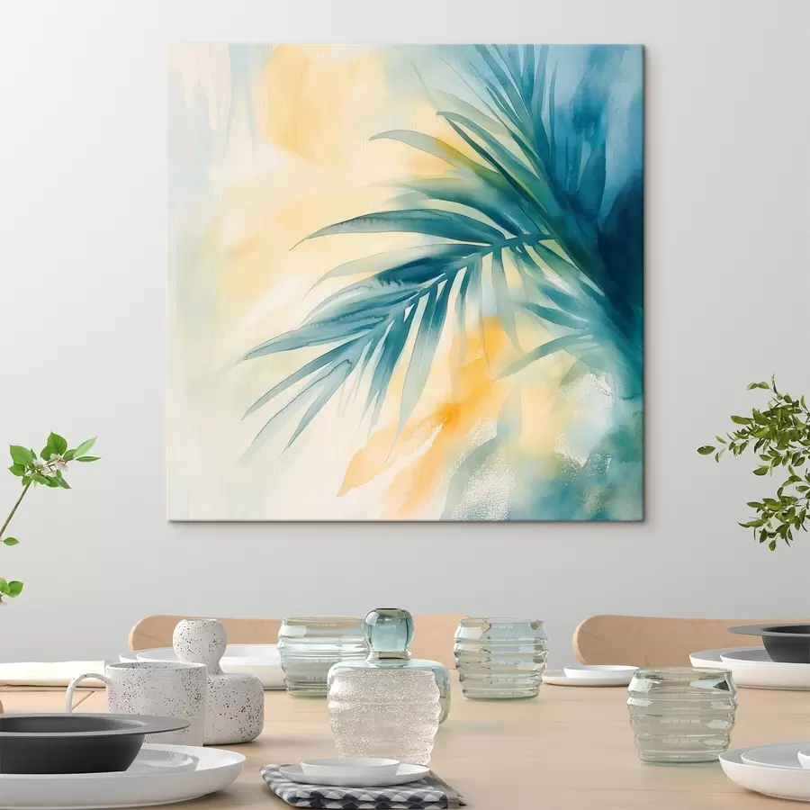 fotótapéta Trópusi pálmalevelek kék-türkiz színvilágban, meleg akvarellfoltok háttérében s48849