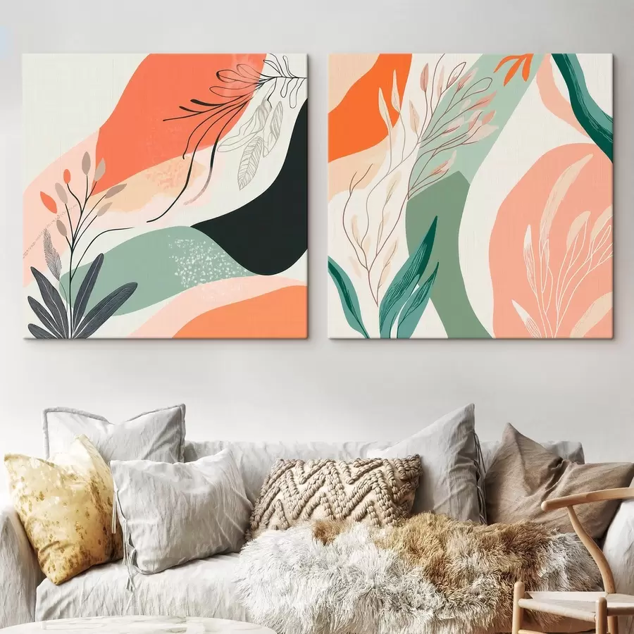 fotótapéta Absztrakt diptichon növényi motívumokkal és színes foltokkal, modern stílusban m30347