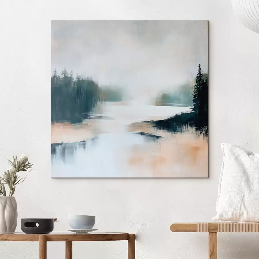 fotótapéta Rózsaszín és kék árnyalatokban megfestett, absztrakt erdei tájkép kortárs festészeti stílusban s48862