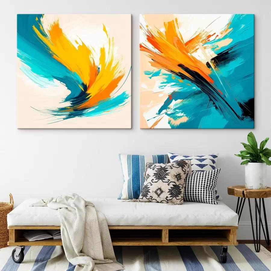 fotótapéta Dinamikus ecsetvonások türkiz-narancssárga színvilágban, kortárs művészeti stílusban m30354