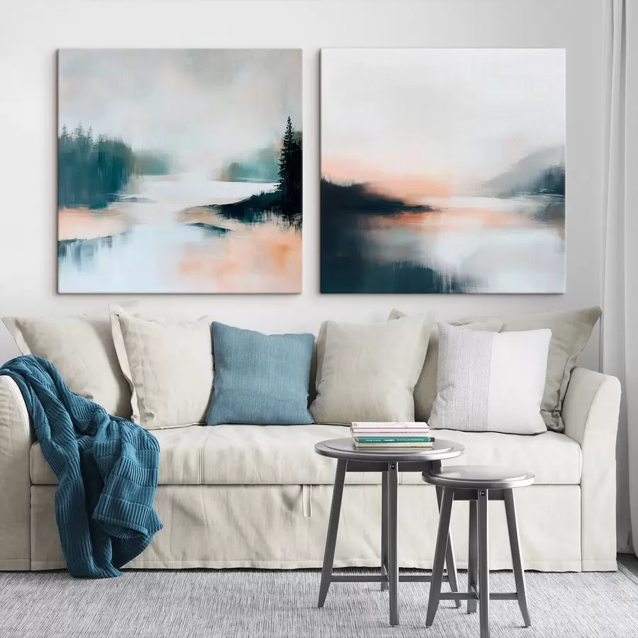 fotótapéta Ködös táj tűlevelű fákkal és egy tóval, kortárs festészeti stílusban m30357