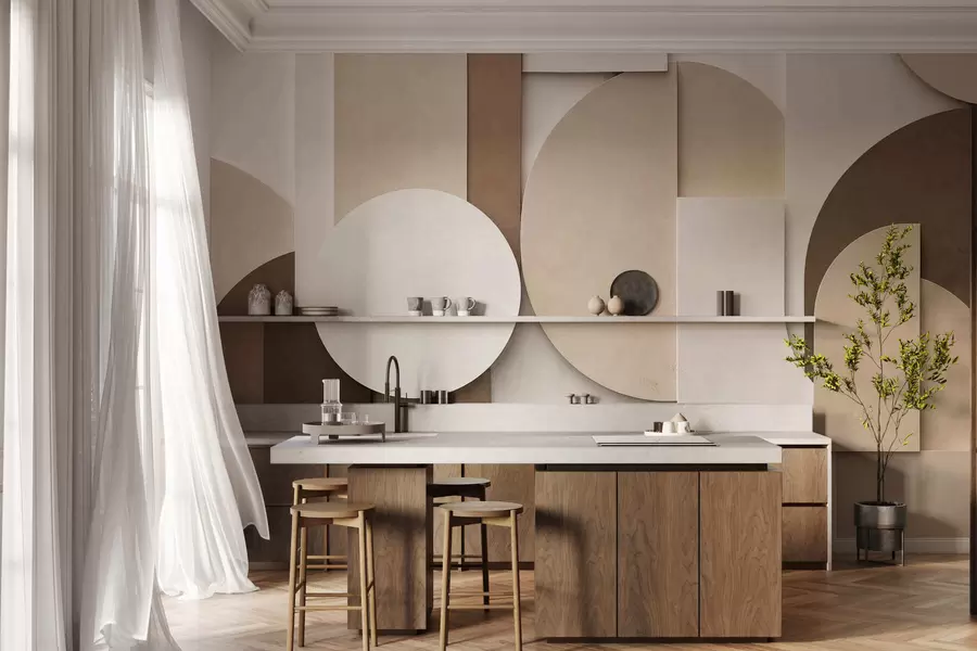 fotószőnyeg Texturált bézs színű geometrikus alakzatok réteges 3D-kompozícióban, minimalista, modern falidísz w05598