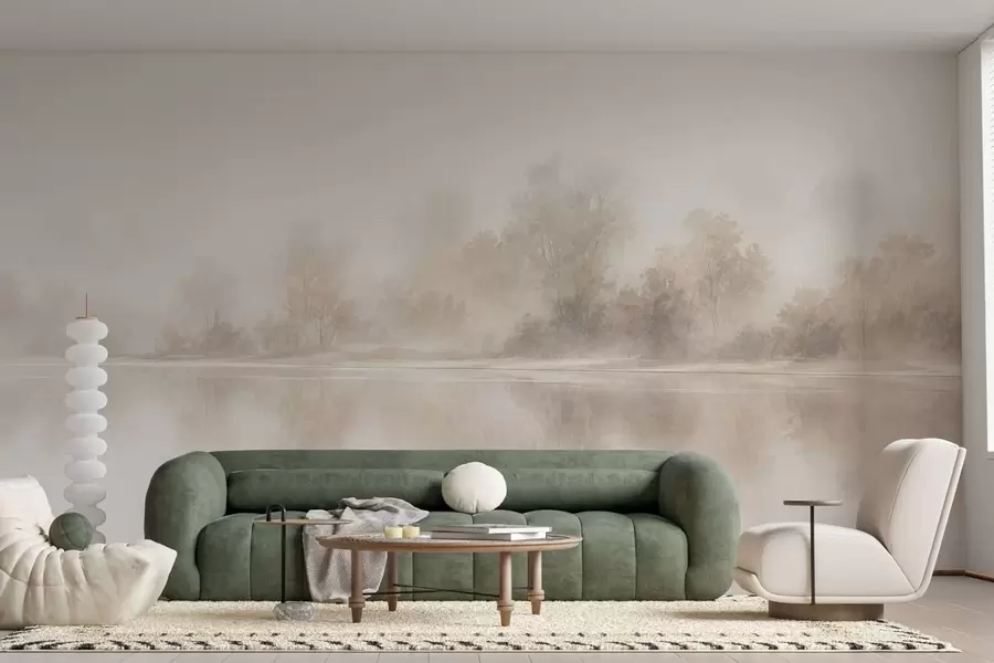 fotószőnyeg Minimalista, ködös táj, finom tükröződésekkel, meleg, semleges színekben w05606