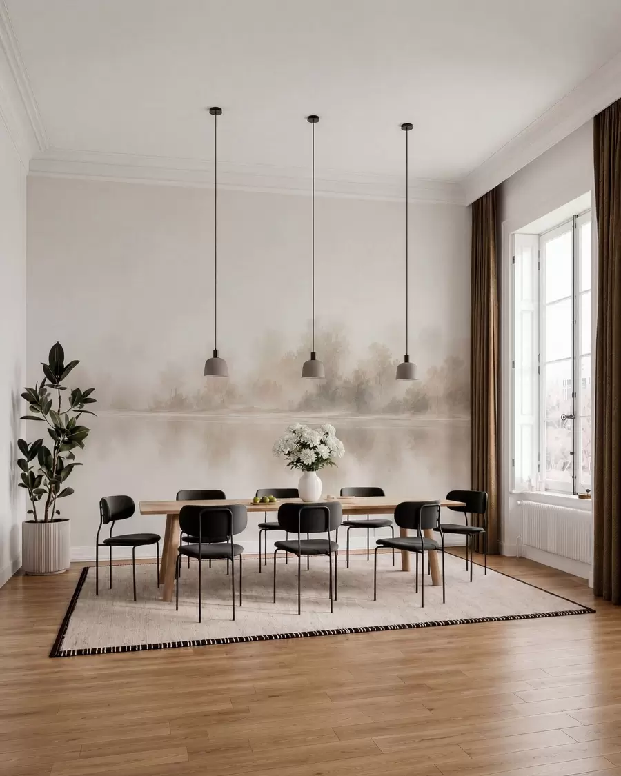 fotószőnyeg Minimalista, ködös táj, finom tükröződésekkel, meleg, semleges színekben w05606