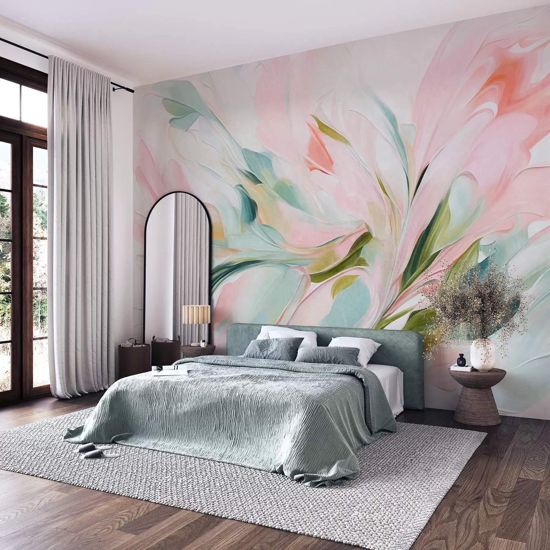 fotószőnyeg Absztrakt virágfestmény stílus, lágy pasztell ecsetvonásokkal világos háttér előtt w09871