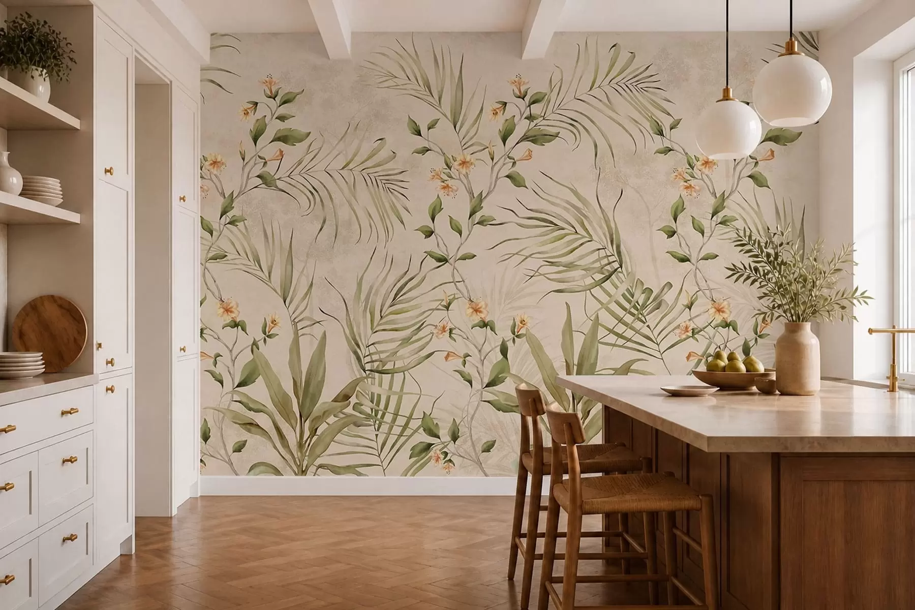 fotószőnyeg Trópusi levelek és finom virágok bézs háttér előtt w05625