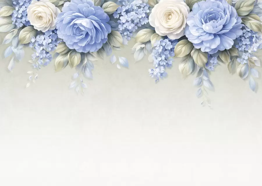 fotószőnyeg Finom rózsák és virágcsokrok egy porcelán ihletésű botanikai kompozícióban, lágyan rétegezett szirmokkal és elegánsan hullámzó levelekkel w05495