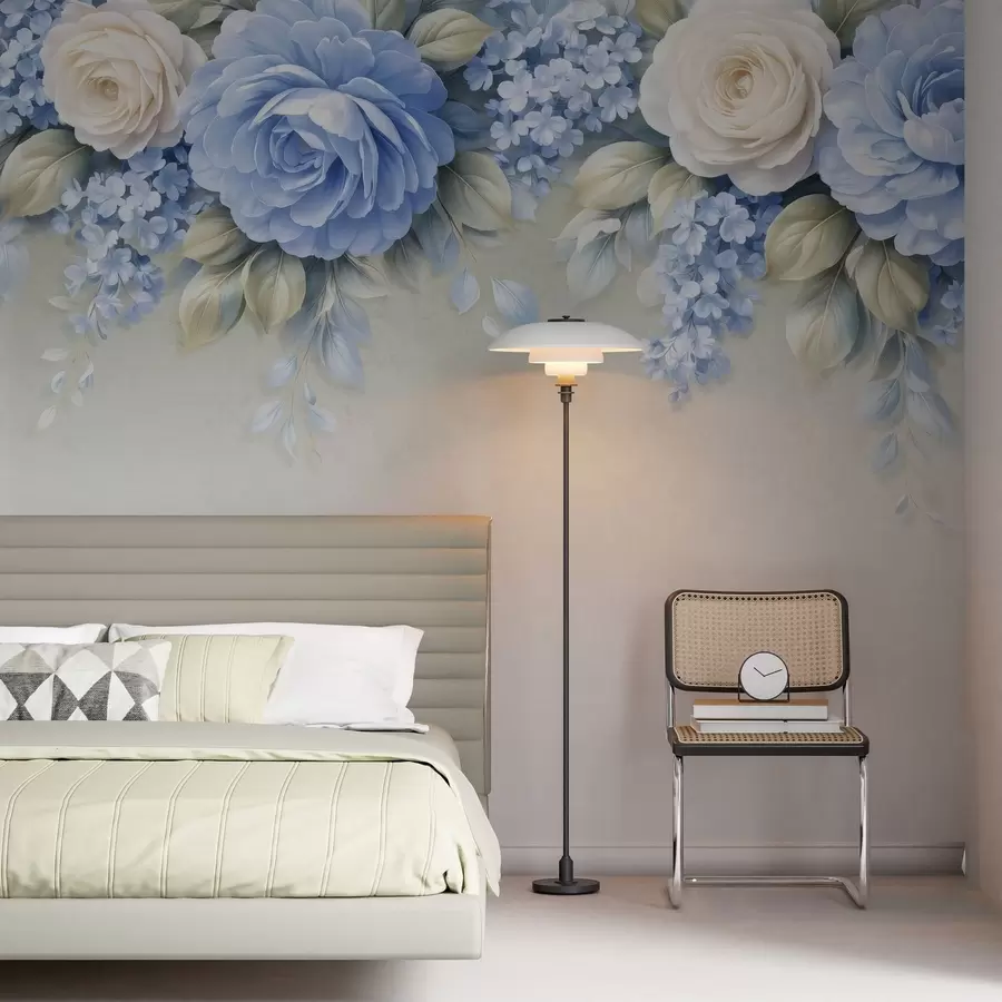 fotószőnyeg Finom rózsák és virágcsokrok egy porcelán ihletésű botanikai kompozícióban, lágyan rétegezett szirmokkal és elegánsan hullámzó levelekkel w05495
