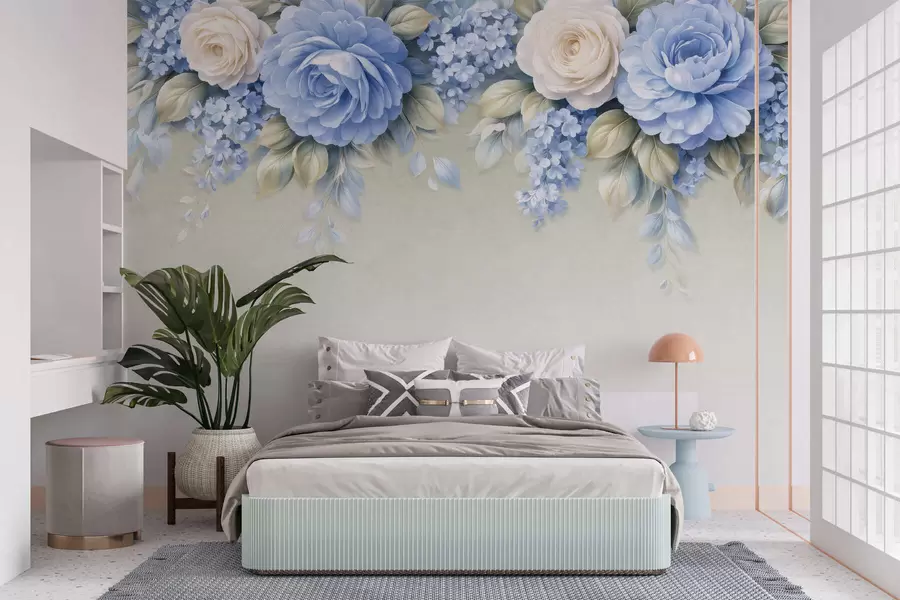 fotószőnyeg Finom rózsák és virágcsokrok egy porcelán ihletésű botanikai kompozícióban, lágyan rétegezett szirmokkal és elegánsan hullámzó levelekkel w05495