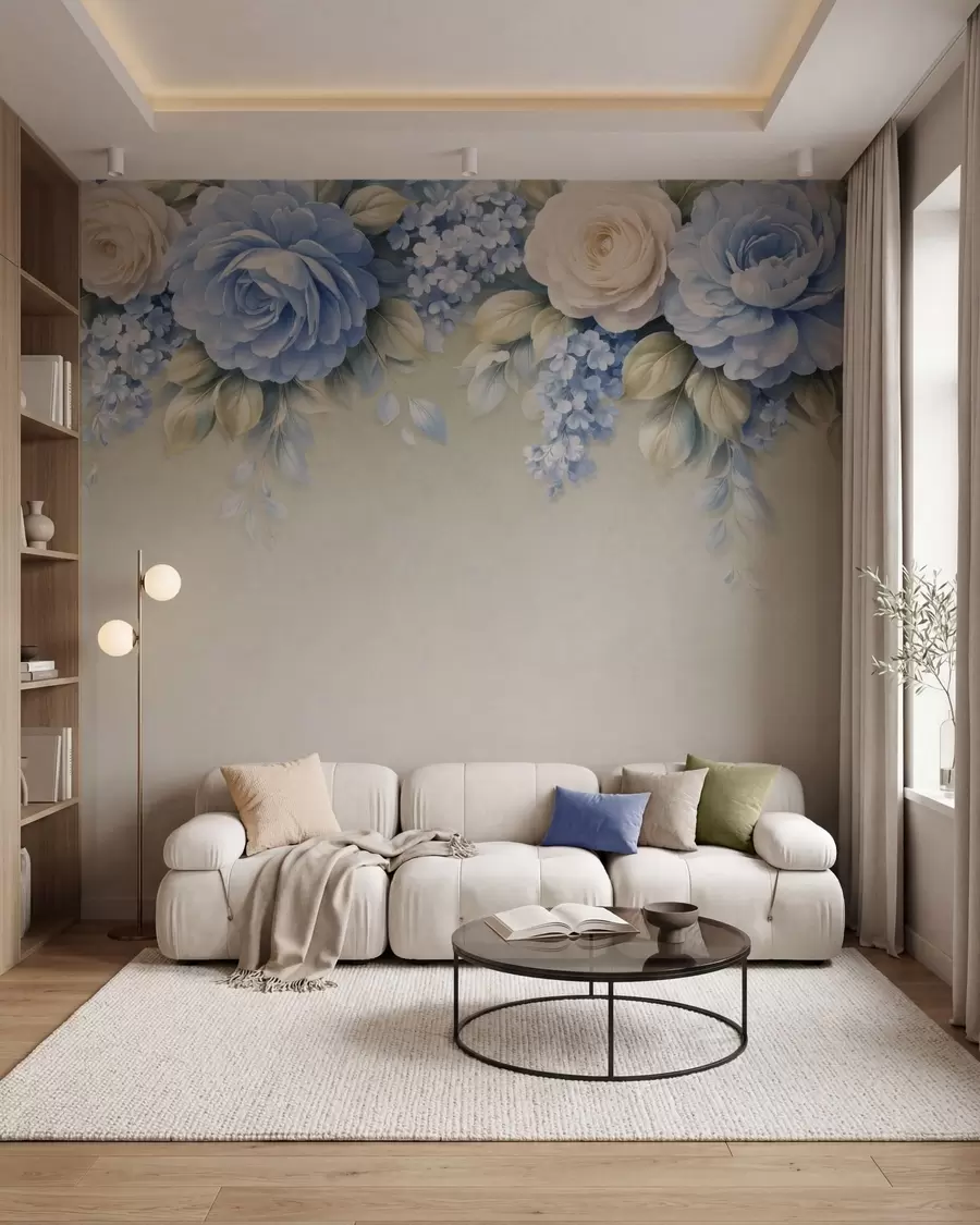 fotószőnyeg Finom rózsák és virágcsokrok egy porcelán ihletésű botanikai kompozícióban, lágyan rétegezett szirmokkal és elegánsan hullámzó levelekkel w05495