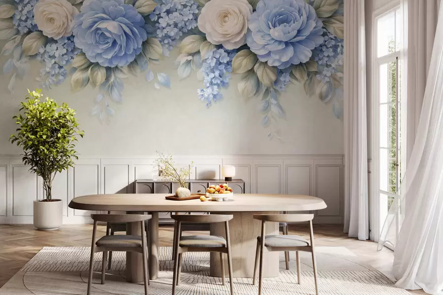 fotószőnyeg Finom rózsák és virágcsokrok egy porcelán ihletésű botanikai kompozícióban, lágyan rétegezett szirmokkal és elegánsan hullámzó levelekkel w05495