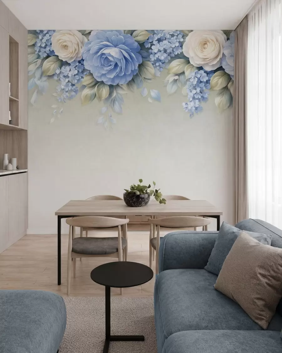 fotószőnyeg Finom rózsák és virágcsokrok egy porcelán ihletésű botanikai kompozícióban, lágyan rétegezett szirmokkal és elegánsan hullámzó levelekkel w05495