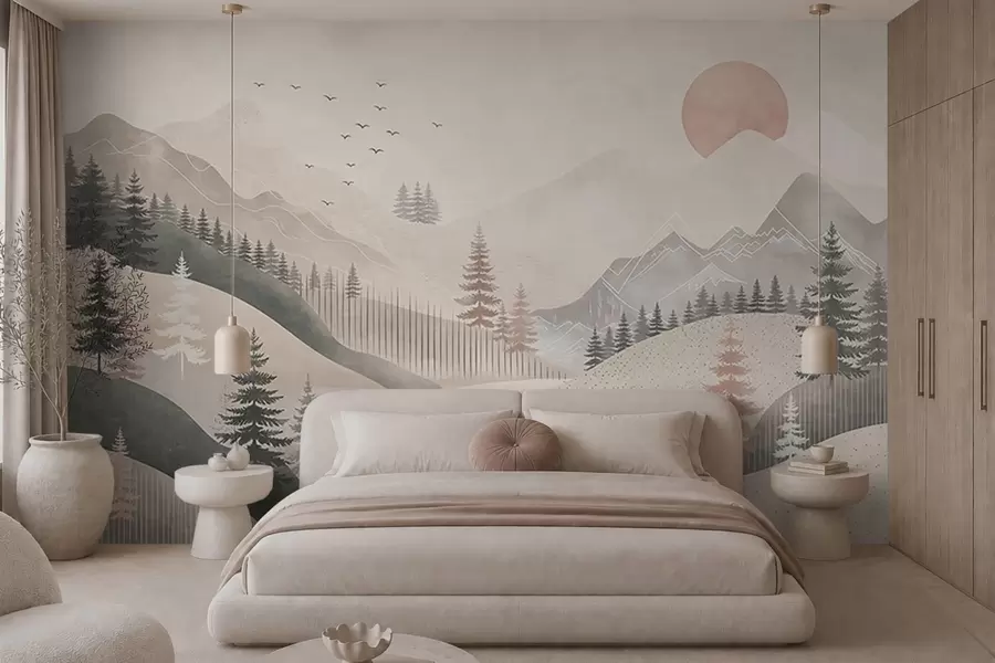 fotószőnyeg Minimalista hegyvidéki táj fenyőfákkal w05626