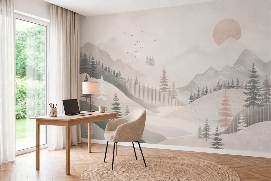 fotószőnyeg Minimalista hegyvidéki táj fenyőfákkal w05626