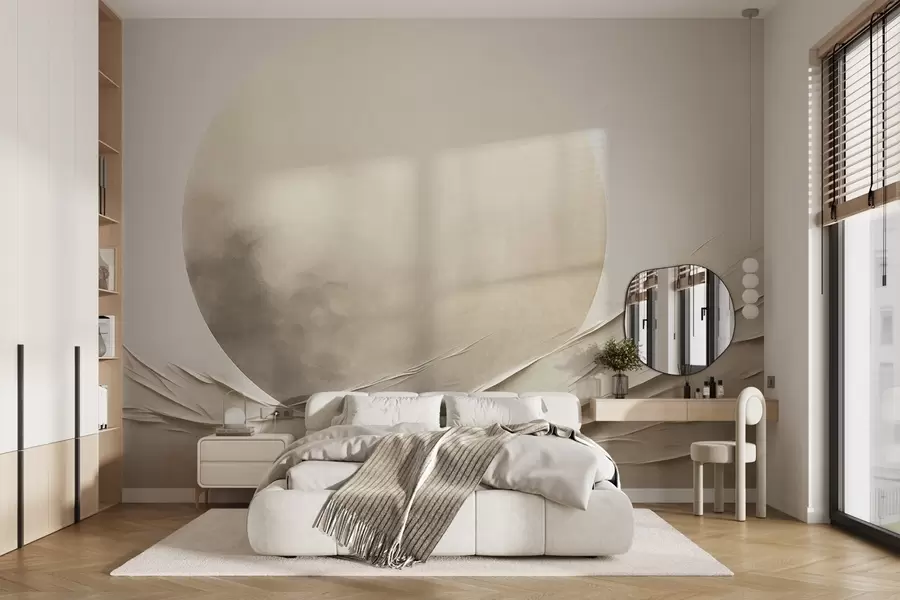 fotószőnyeg Absztrakt, hullámzó, krém színű formák egy nagy, halvány gömb kíséretében – minimalista modern művészet w09895