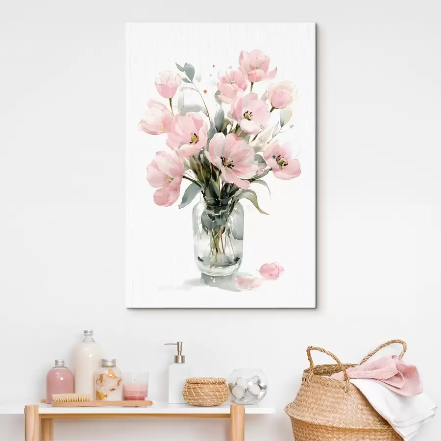 fotótapéta Finom rózsaszín tulipánok vázában, akvarell stílusban s49226