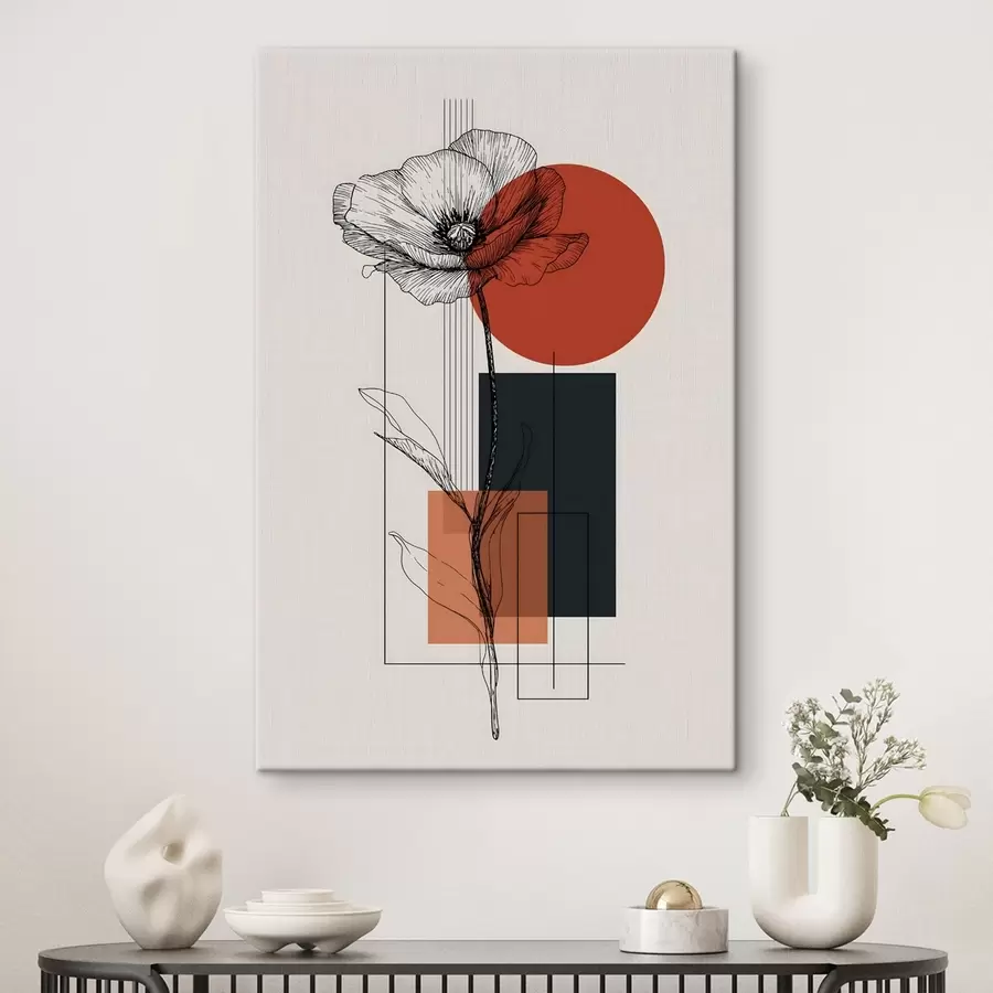 fotótapéta Egy grafikus vörösbúcsa geometrikus háttér előtt s49229