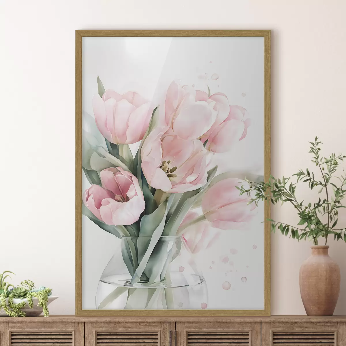 Plakát a sziklán Finom rózsaszín tulipánok akvarell stílusban f49225