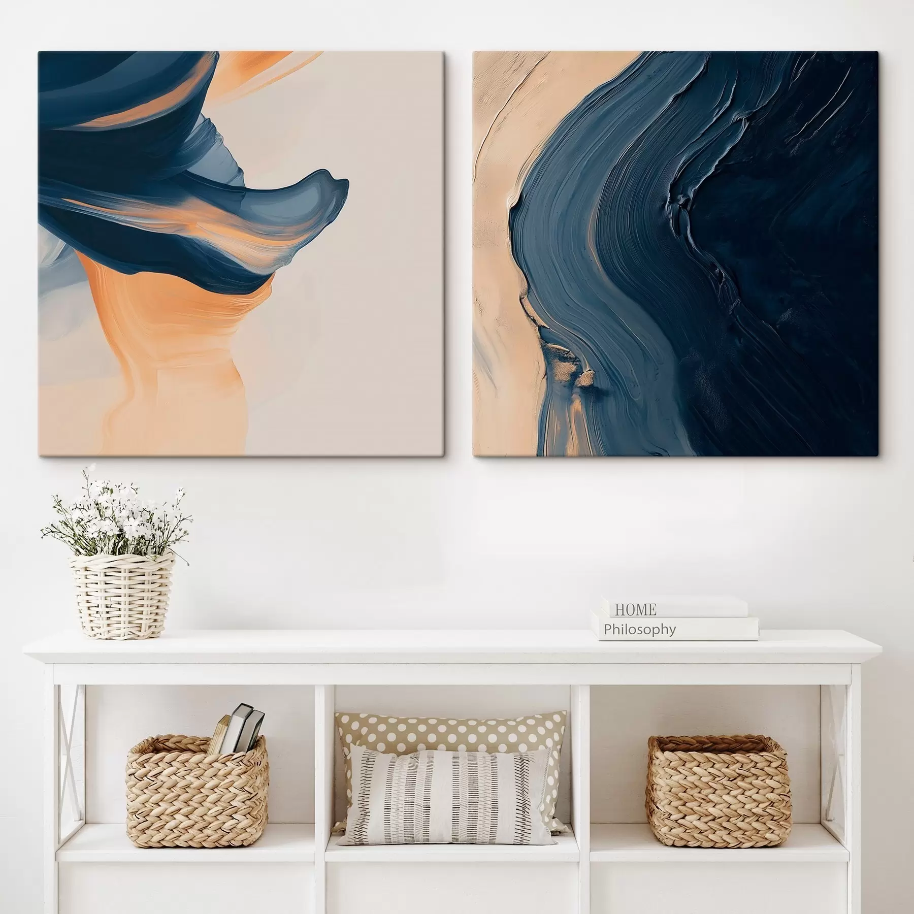 fotótapéta Dekoratív absztrakció dinamikus, áramló vonalakkal és kontrasztos kék-bézs háttérrel m30368