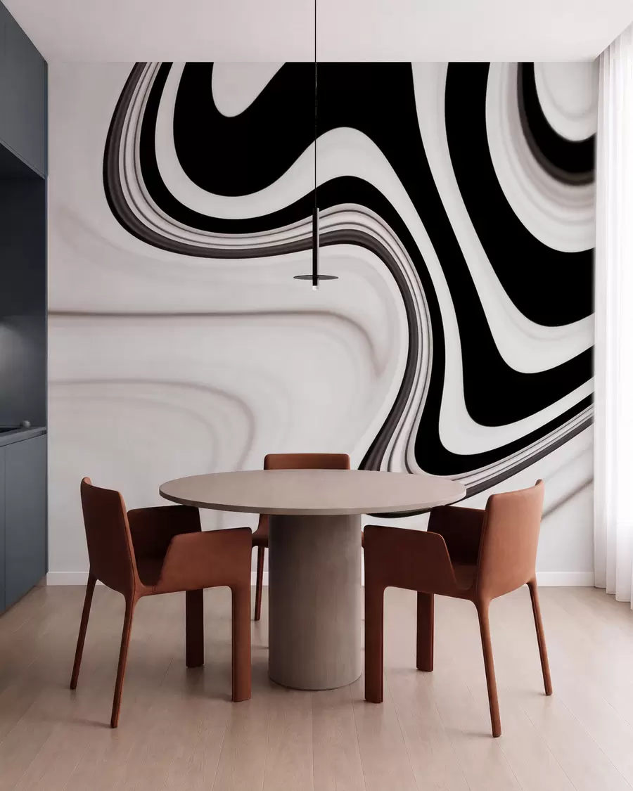 fotószőnyeg Absztrakt falikép, amelyen fekete-fehér hullámok kanyarognak modern, minimalista stílusban w09877
