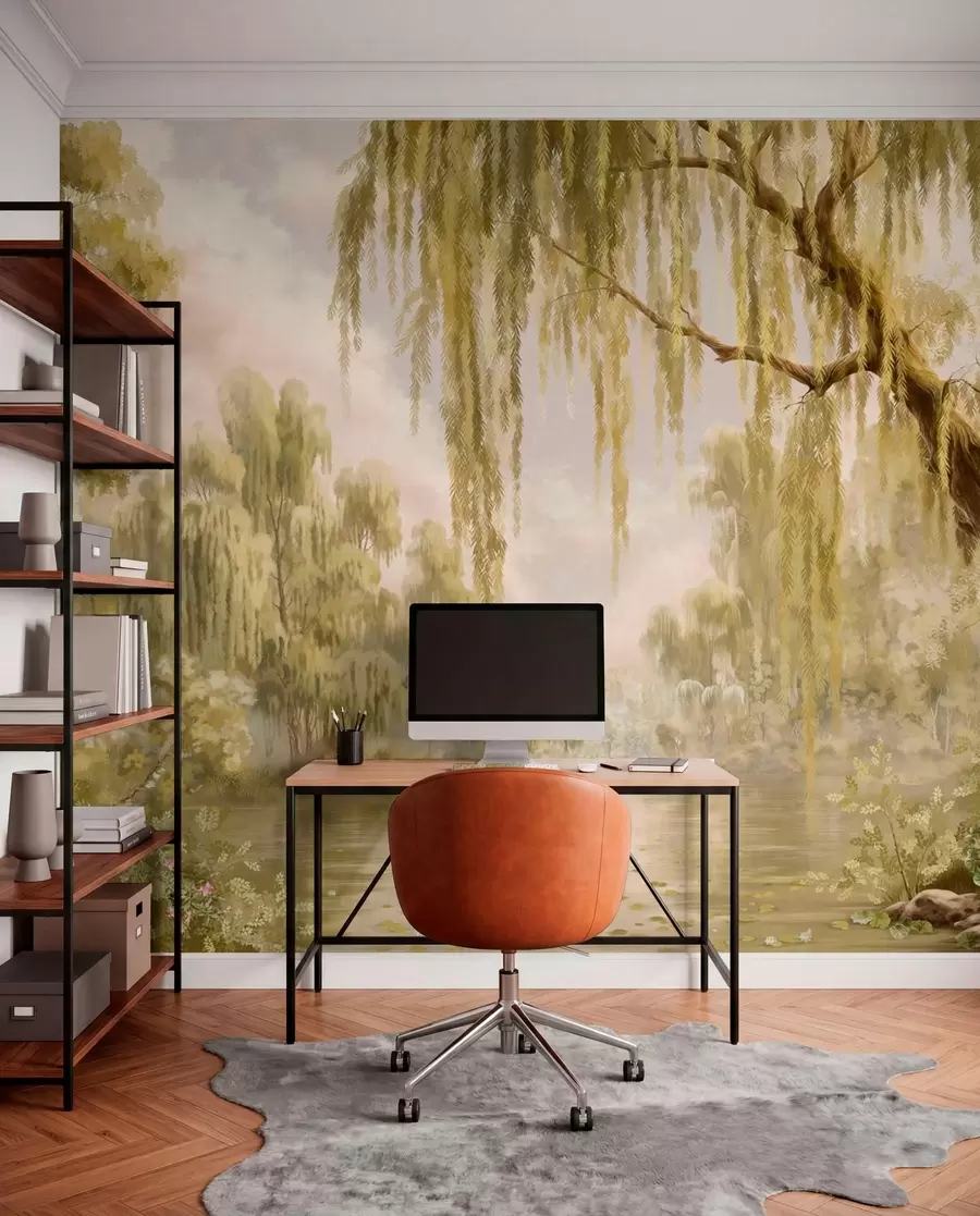 fotószőnyeg Napfényes jelenet fűzfákkal egy csendes tó partján w05631v1