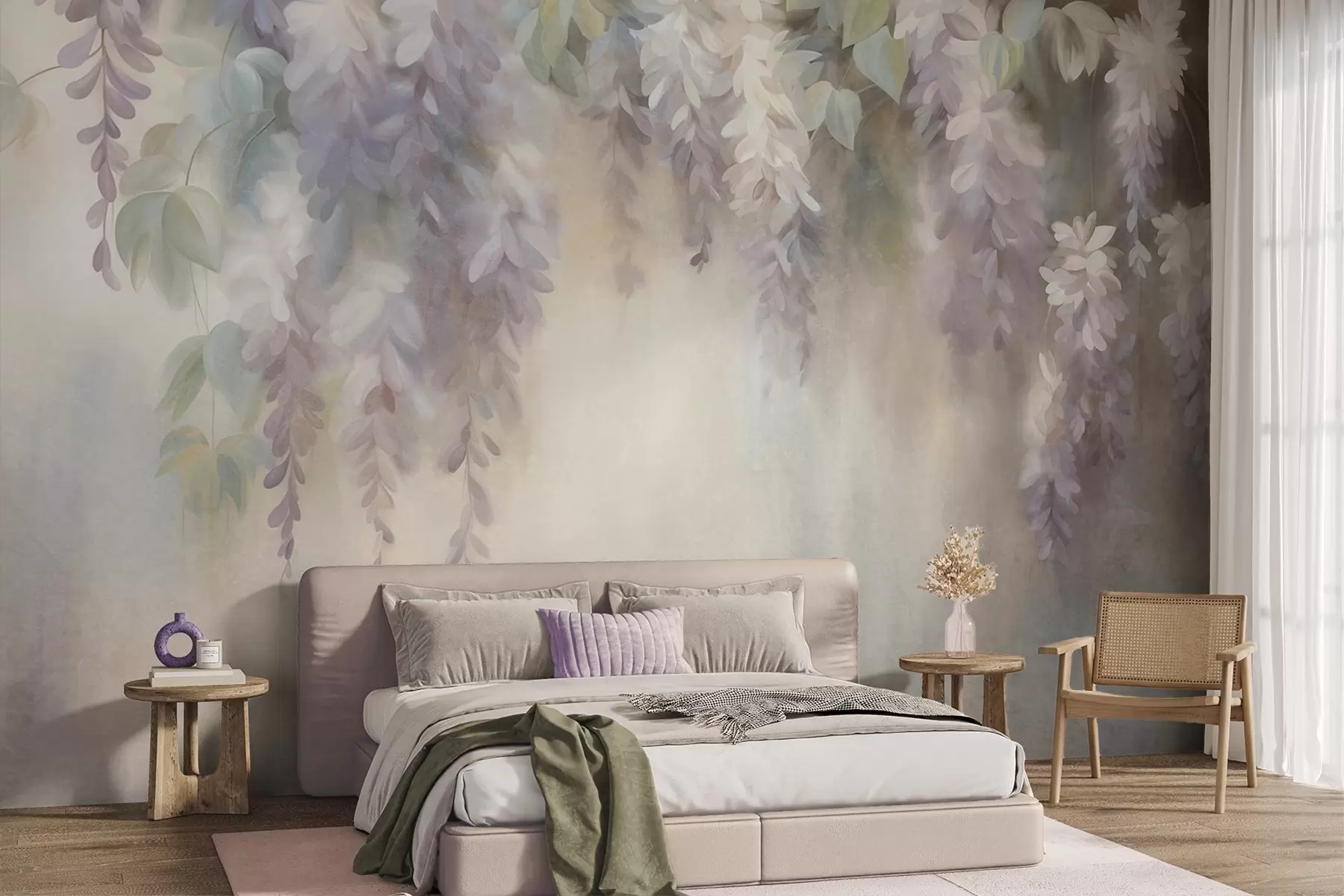 fotószőnyeg Texturált, világoslila wisteria virágok, zöld levelekkel, pasztell háttér előtt w09896