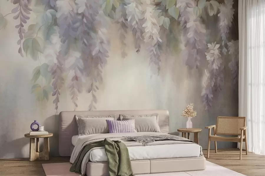 fotószőnyeg Texturált, világoslila wisteria virágok, zöld levelekkel, pasztell háttér előtt w09896
