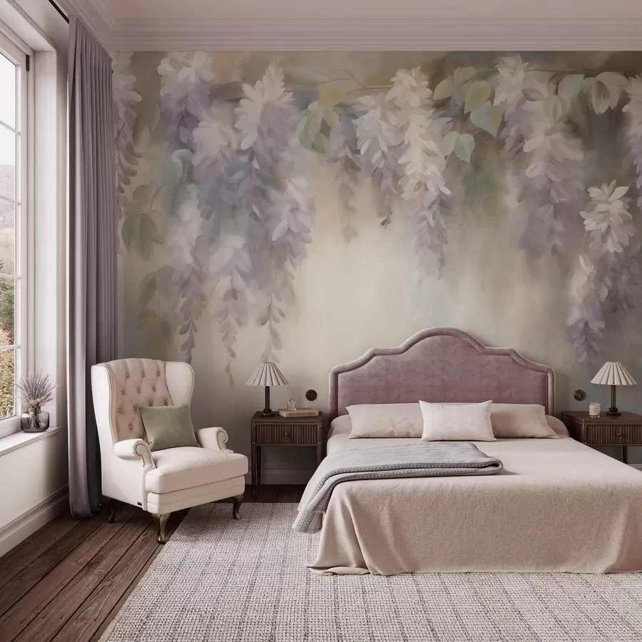 fotószőnyeg Texturált, világoslila wisteria virágok, zöld levelekkel, pasztell háttér előtt w09896