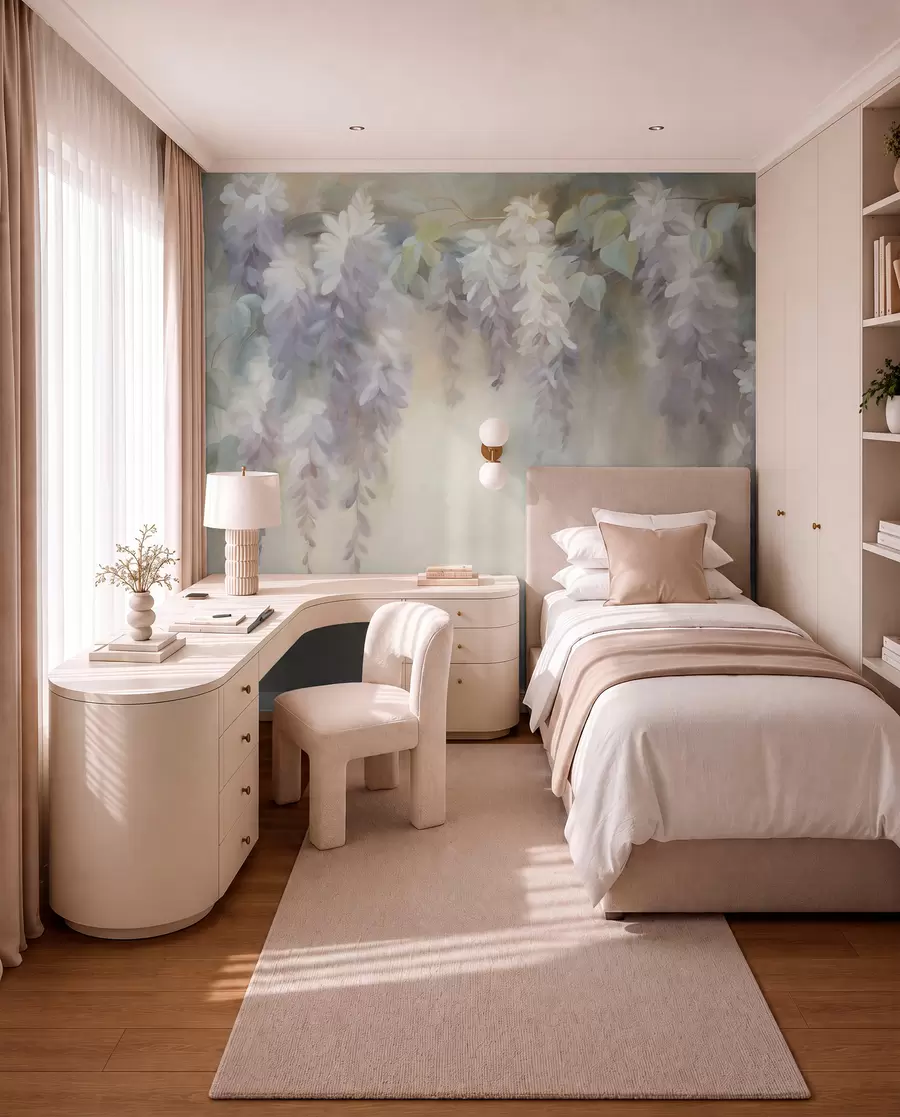 fotószőnyeg Texturált, világoslila wisteria virágok, zöld levelekkel, pasztell háttér előtt w09896