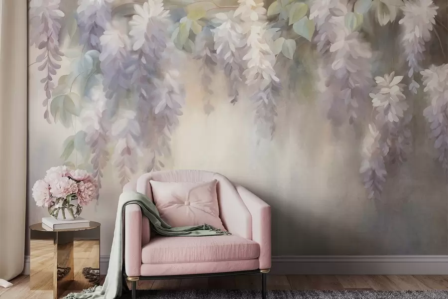 fotószőnyeg Texturált, világoslila wisteria virágok, zöld levelekkel, pasztell háttér előtt w09896