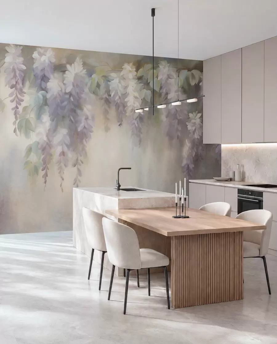 fotószőnyeg Texturált, világoslila wisteria virágok, zöld levelekkel, pasztell háttér előtt w09896