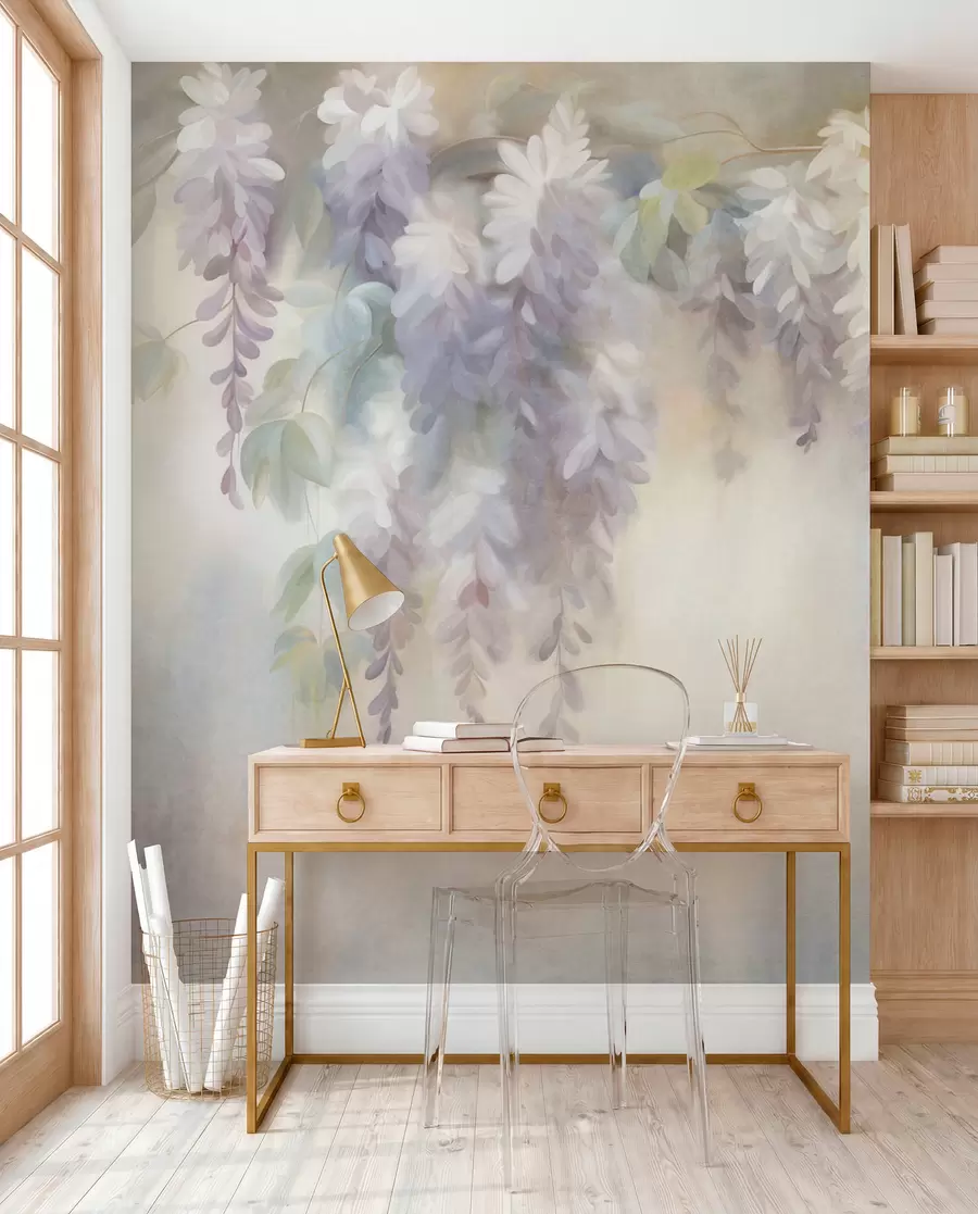 fotószőnyeg Texturált, világoslila wisteria virágok, zöld levelekkel, pasztell háttér előtt w09896