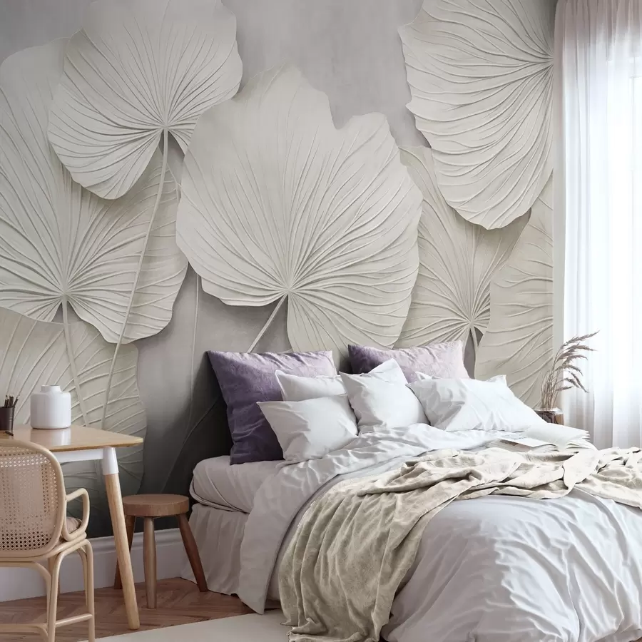 fotószőnyeg Nagy, dombornyomott levelek lágy, visszafogott háttér előtt – minimalista modern művészet w09897