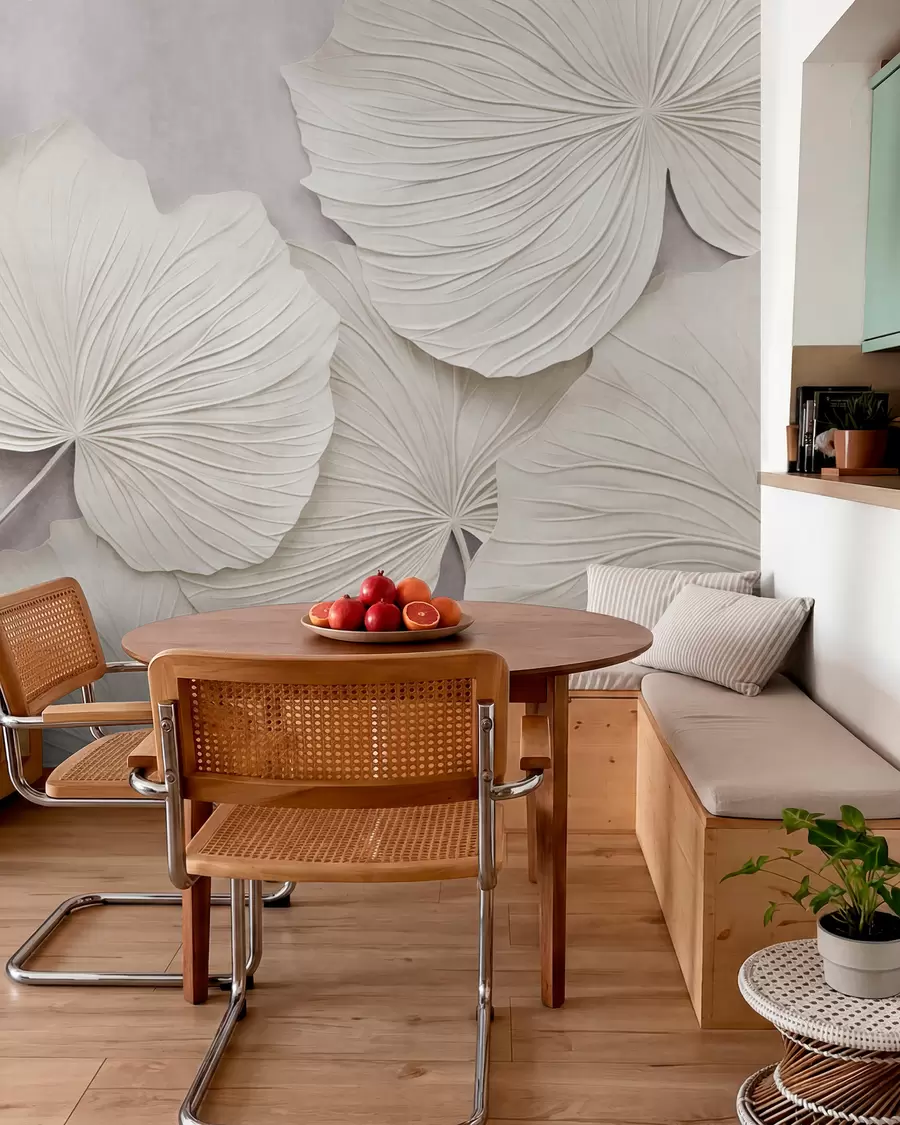 fotószőnyeg Nagy, dombornyomott levelek lágy, visszafogott háttér előtt – minimalista modern művészet w09897
