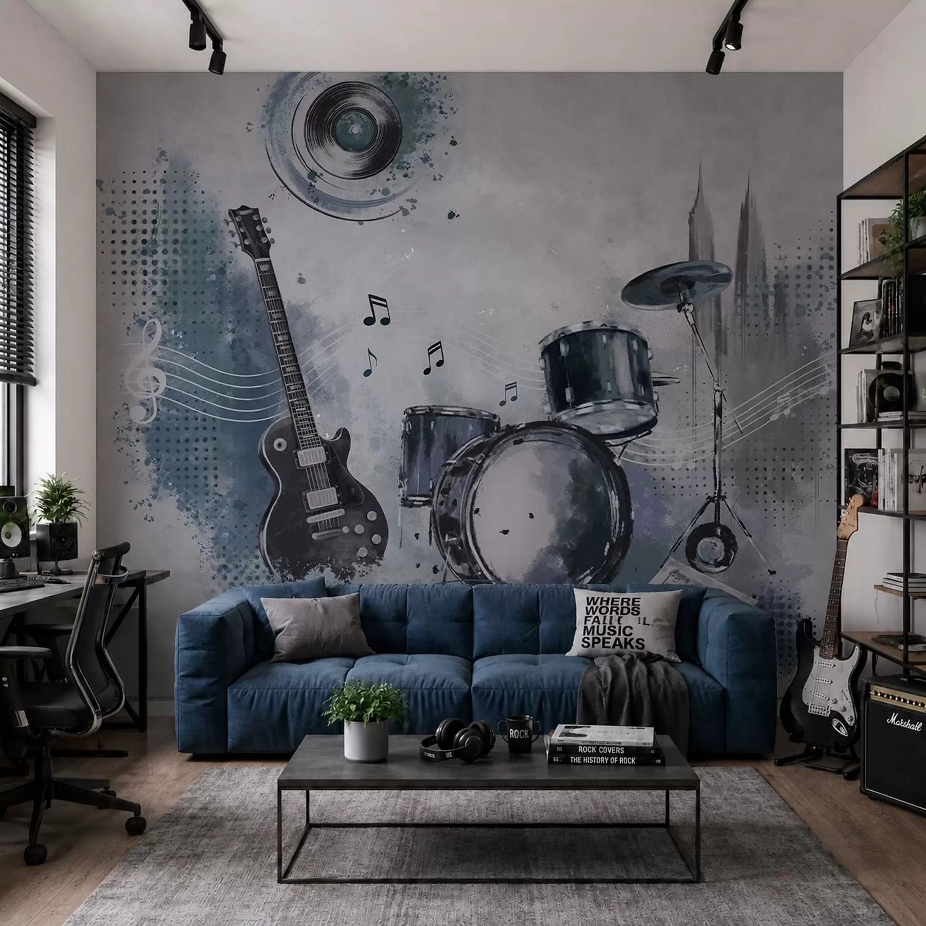 fotószőnyeg Gitár és dobkészlet hangjegyekkel w05546