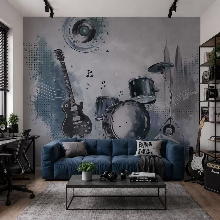 fotószőnyeg Gitár és dobkészlet hangjegyekkel w05546