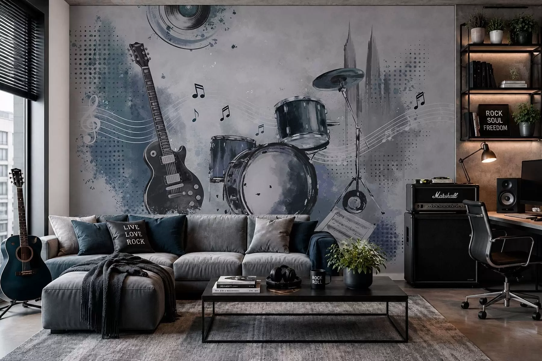 fotószőnyeg Gitár és dobkészlet hangjegyekkel w05546