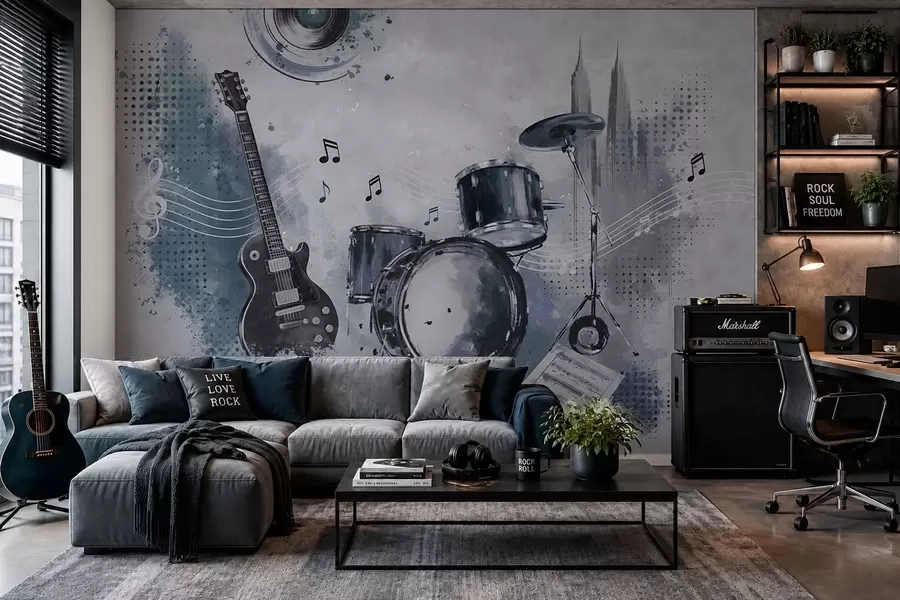 fotószőnyeg Gitár és dobkészlet hangjegyekkel w05546
