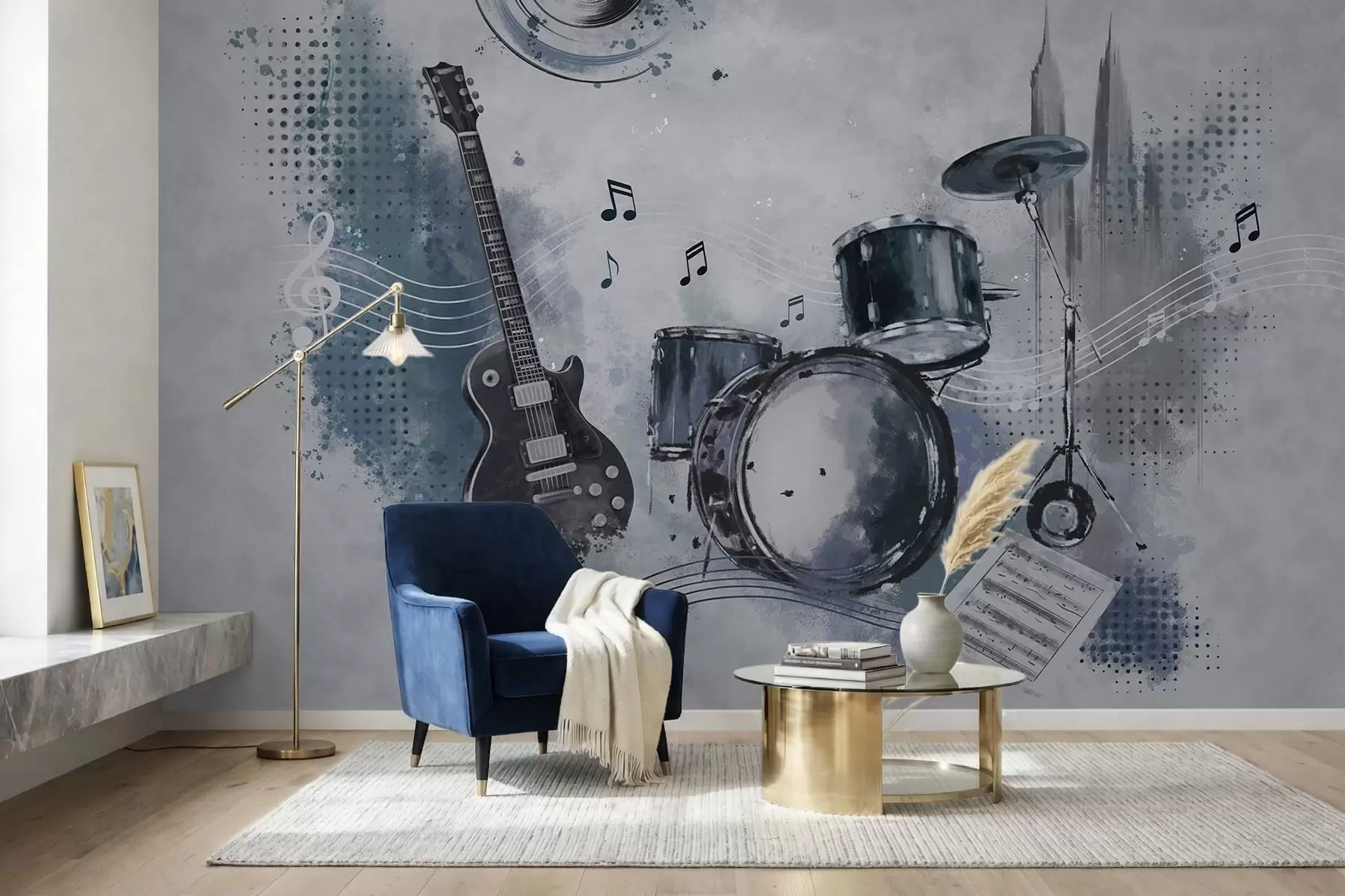 fotószőnyeg Gitár és dobkészlet hangjegyekkel w05546