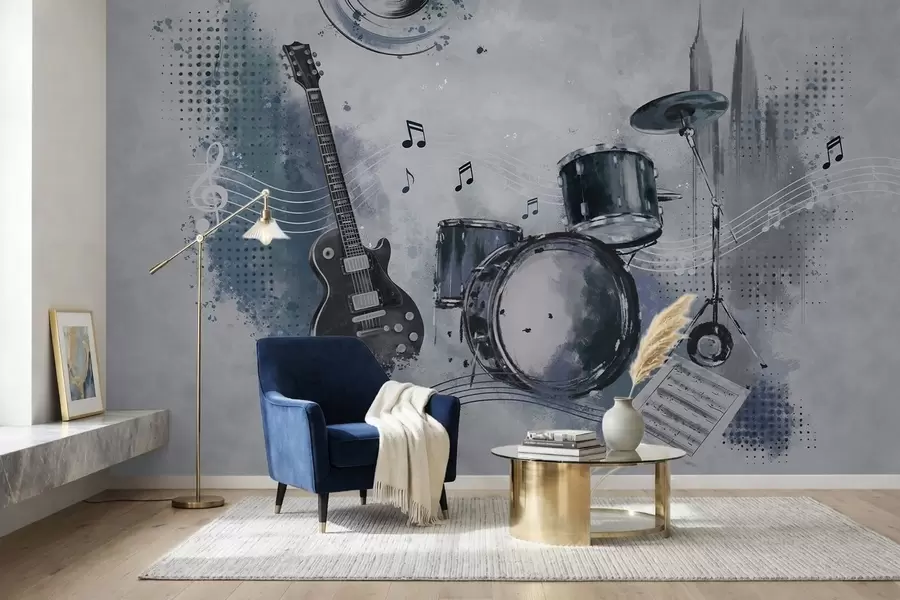 fotószőnyeg Gitár és dobkészlet hangjegyekkel w05546