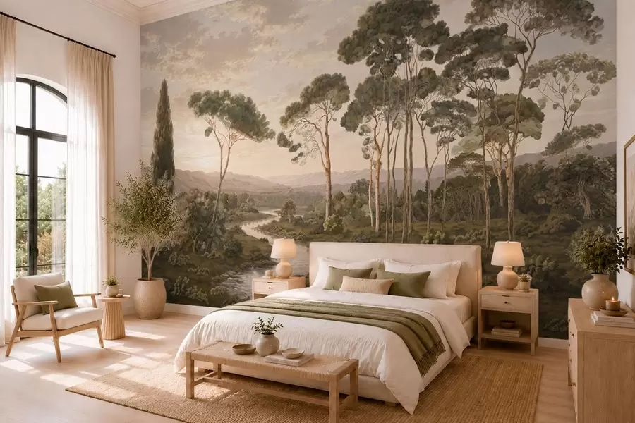 fotószőnyeg Tájkép folyóval, fákkal és távoli dombokkal w05696