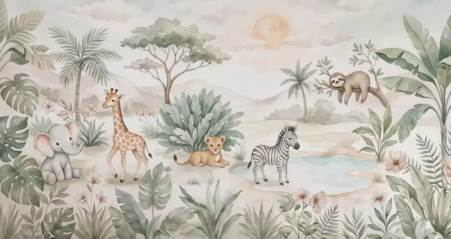 fotószőnyeg Akvarellel festett szafari-jelenet állatokkal, finom pasztell árnyalatokban, amelyen egy zsiráf, egy elefántborjú, egy zebra és egy oroszlánkölyök látható w09888