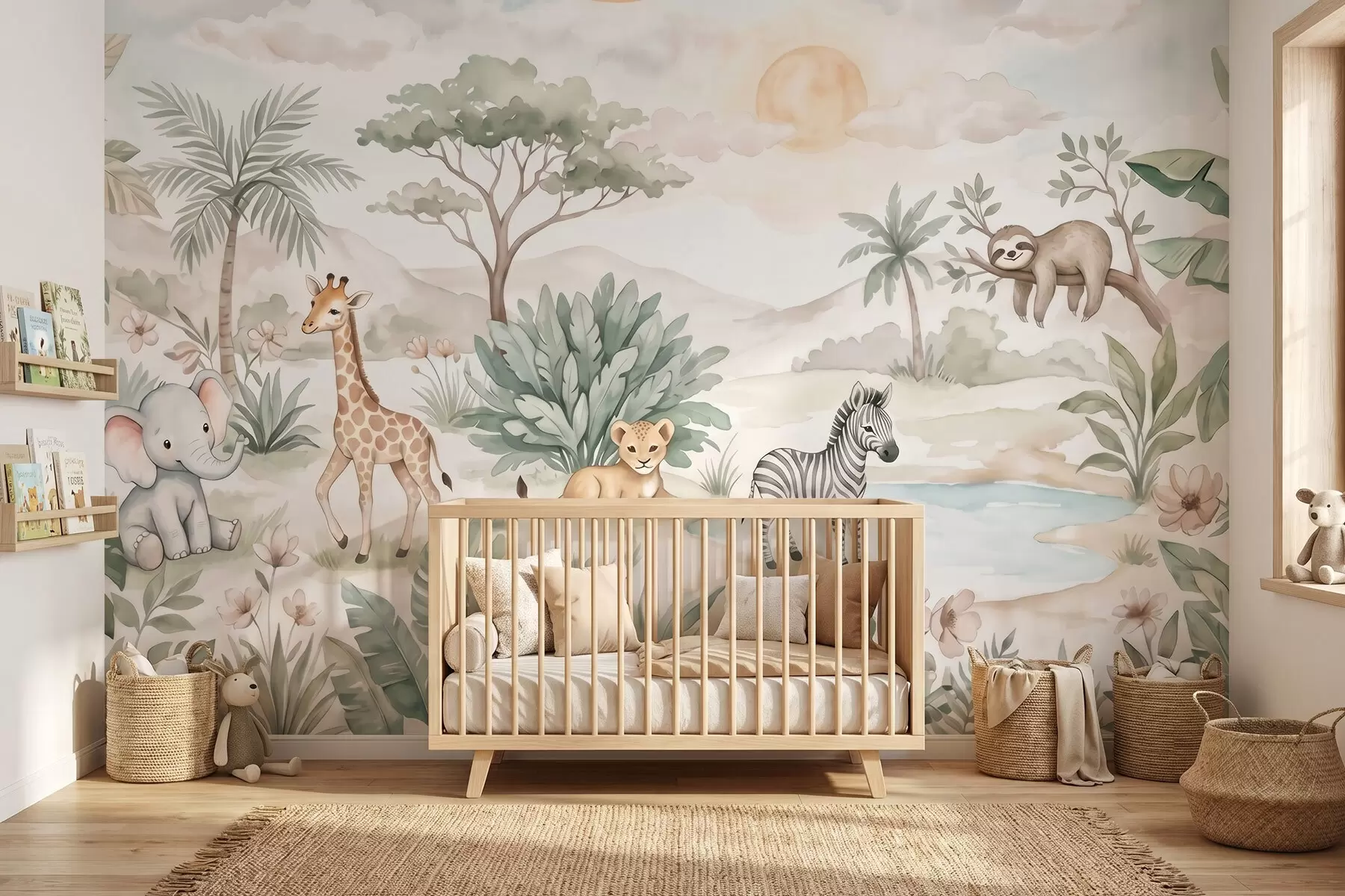 fotószőnyeg Akvarellel festett szafari-jelenet állatokkal, finom pasztell árnyalatokban, amelyen egy zsiráf, egy elefántborjú, egy zebra és egy oroszlánkölyök látható w09888
