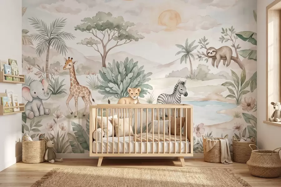 fotószőnyeg Akvarellel festett szafari-jelenet állatokkal, finom pasztell árnyalatokban, amelyen egy zsiráf, egy elefántborjú, egy zebra és egy oroszlánkölyök látható w09888