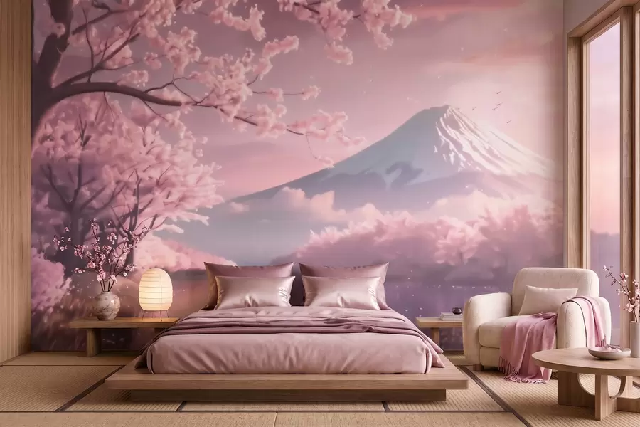 fotószőnyeg Nyugodt japán tájkép cseresznyevirágokkal és egy hegyi tóval napkeltekor w09864