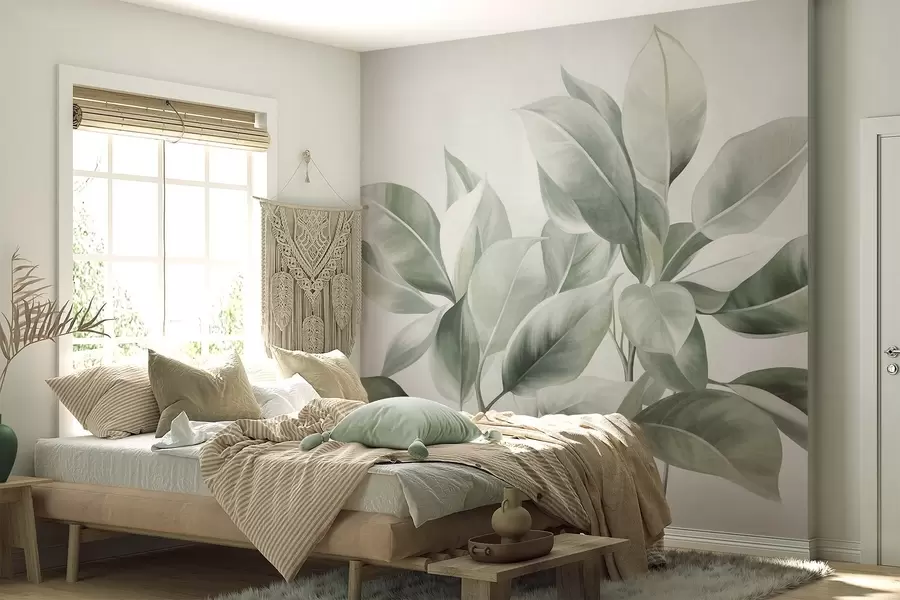 fotószőnyeg Világoszöld levelek halvány, lágy háttér előtt, texturált boho stílusban w09909