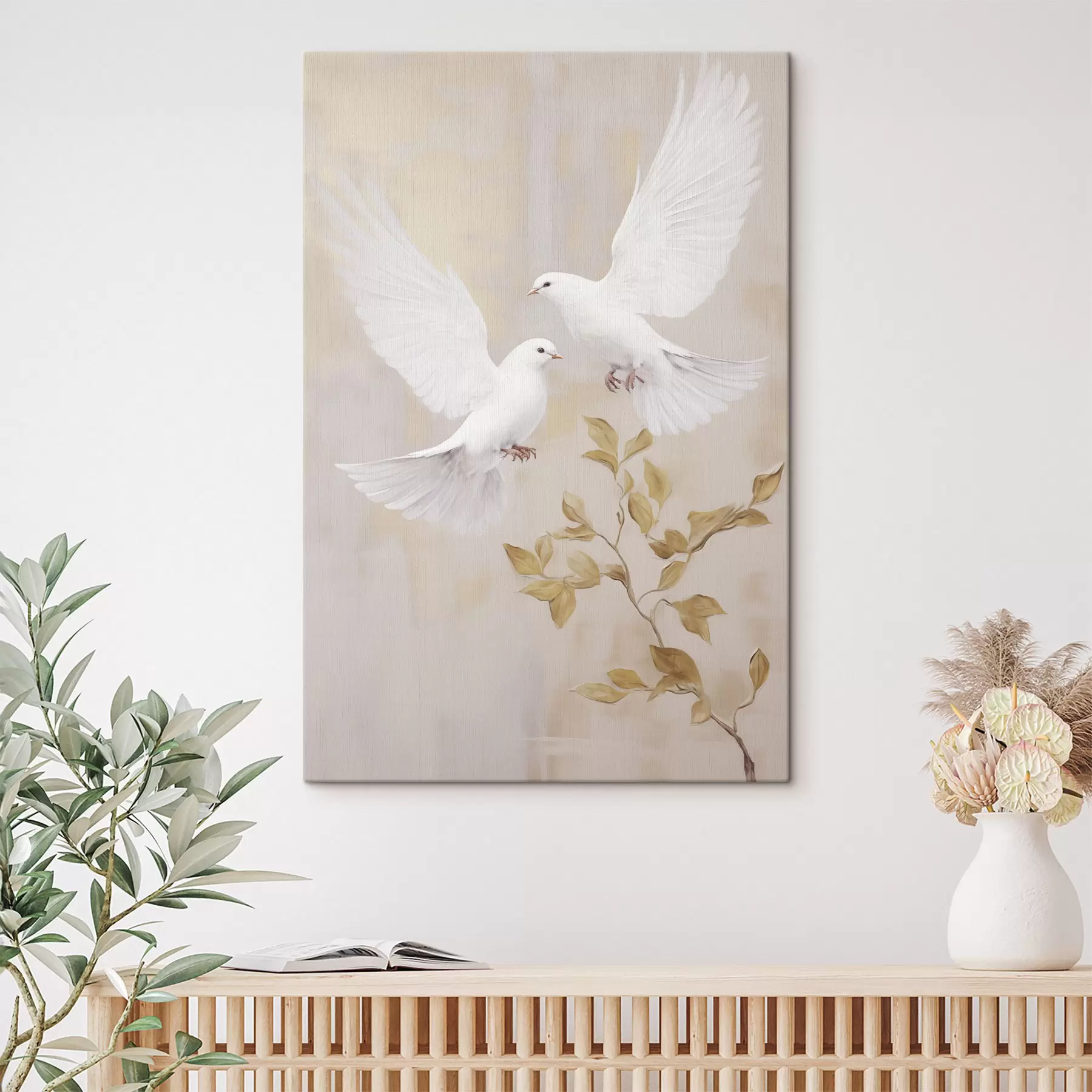fotótapéta Egy fehér madár egy világosbarna levelekkel borított ág közelében, tompa háttér előtt s49764