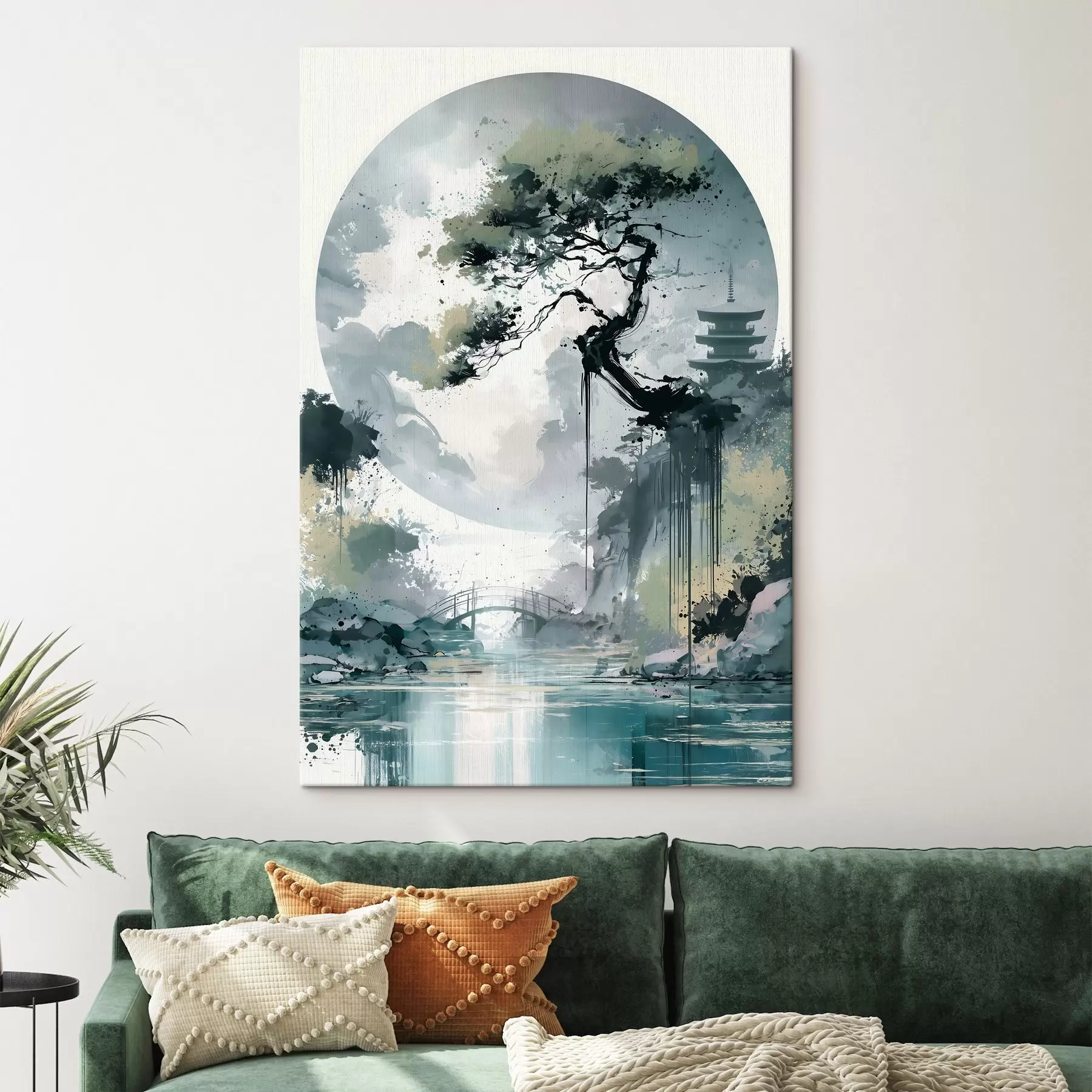 fotótapéta Egy japán sumi-e stílusú tájkép, amelyen egy karcsú fenyőfa, egy híd és egy pagoda látható a nyugodt víz tükrében s49881